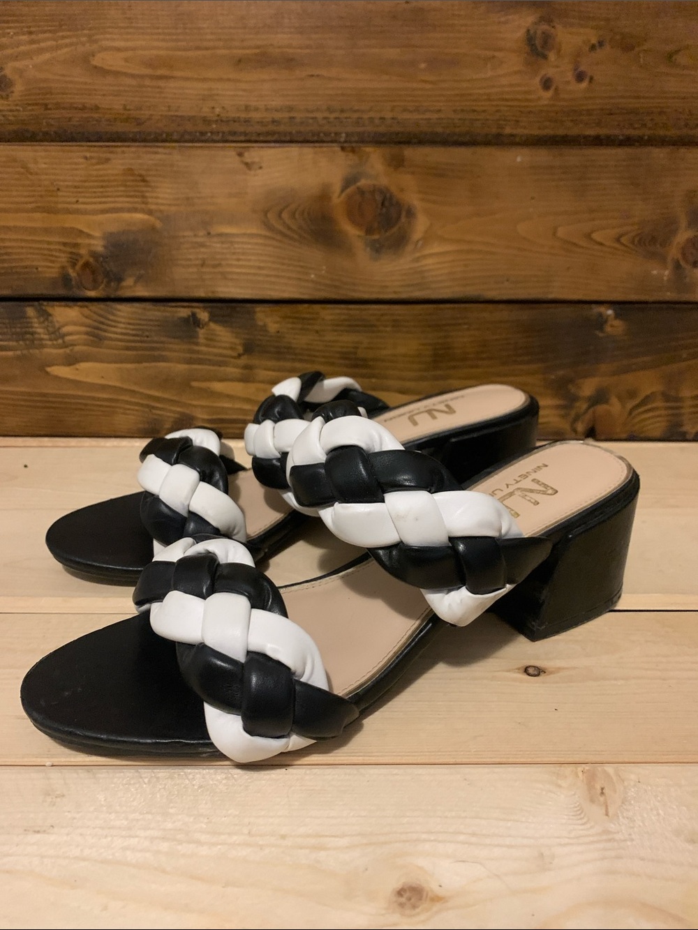 Two-Tone Black & White Braided Block Heel Mules